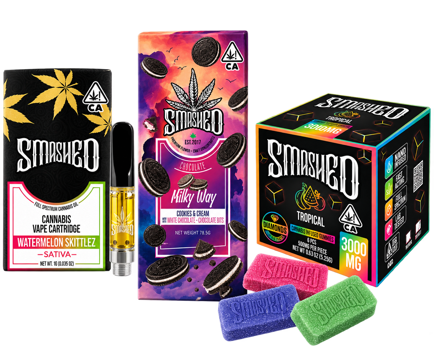 *BRAND NEW PRODUCTS COMING SOON* SMASHED- 1g Cartridges, Chocolate Bars, Liquid Diamond fast acting Gummies. DESCRIPTION BELOW